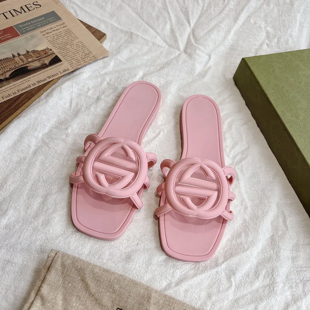 One Word Interlocking Slippers Candy Color Summer Flat Bottom Versatile Waterproof Sandals Casual Beach Jelly Shoes for Women