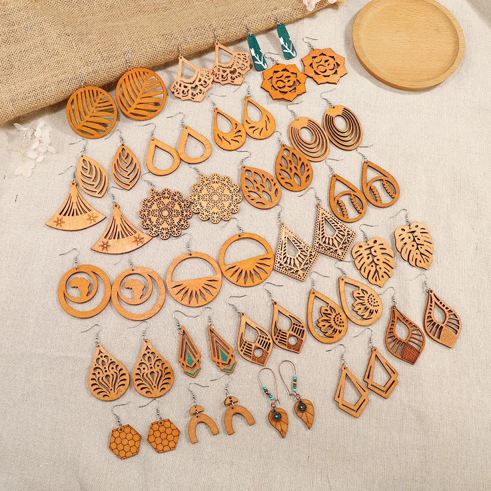 Fashion Jewelry Hollow African Wood Earrings Women Coffee Wooden Earrings Geometric Jewelry Bulk