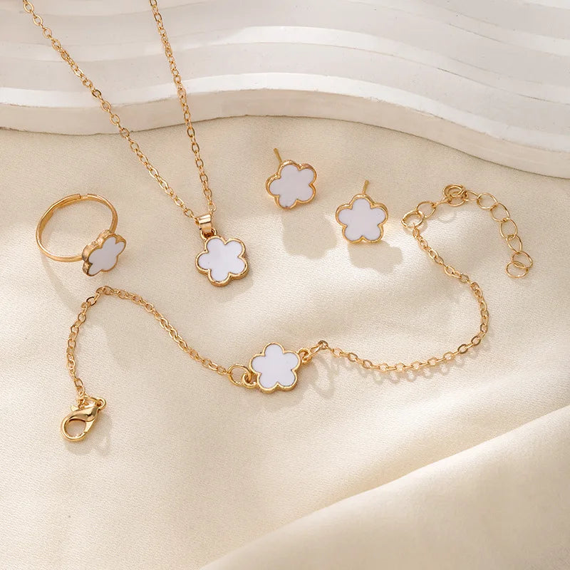 4 Pieces Set Lucky Five Leaf Flower Bracelets Women Enamel Clover Charm Gold Plated Bracelet Necklace Ring Earring Jewelry Set