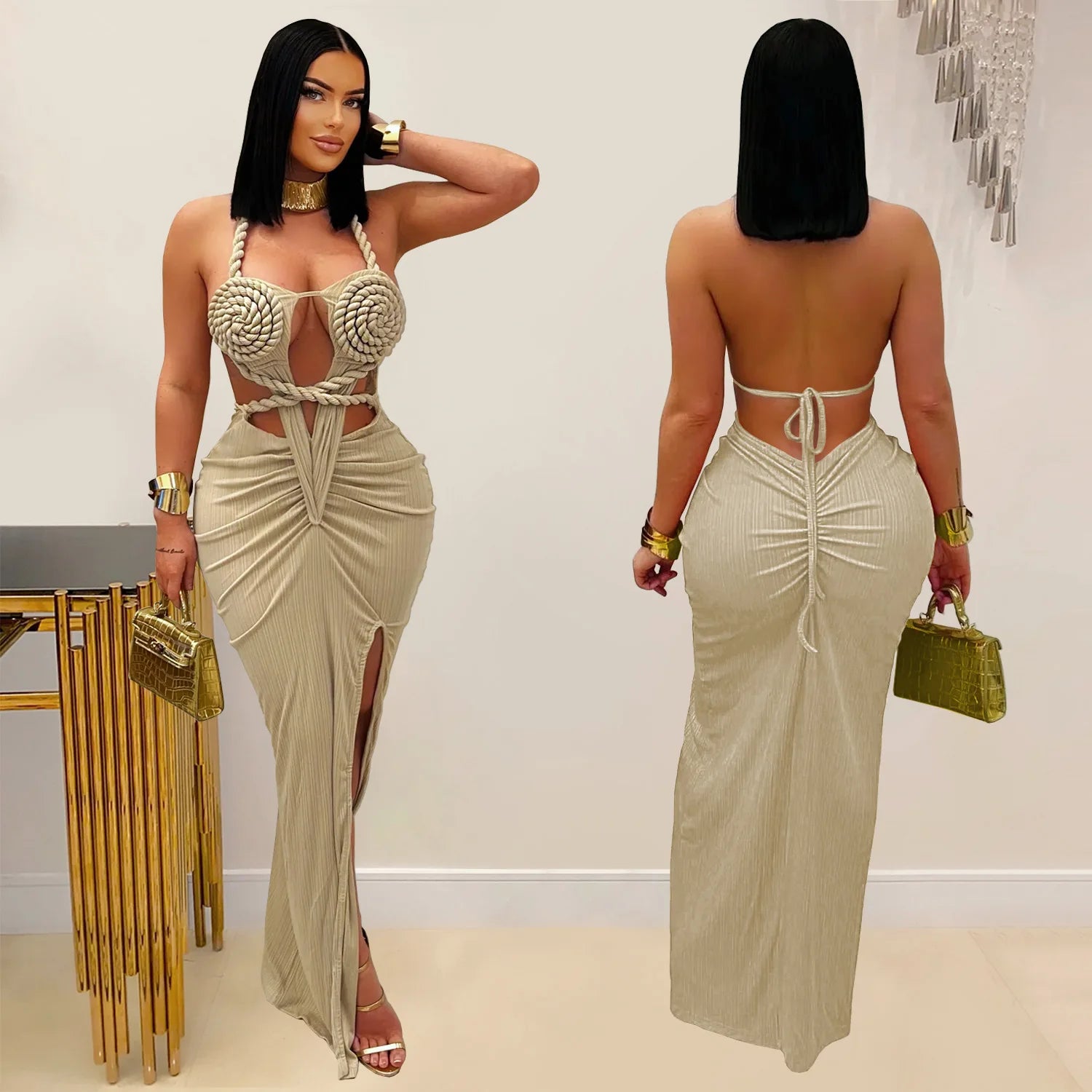 Hot Sale CX7407 Ruched Maxi Dress Woman Backless Pleated Bodycon Summer Vacation Party Birthday Dressing 2025 New