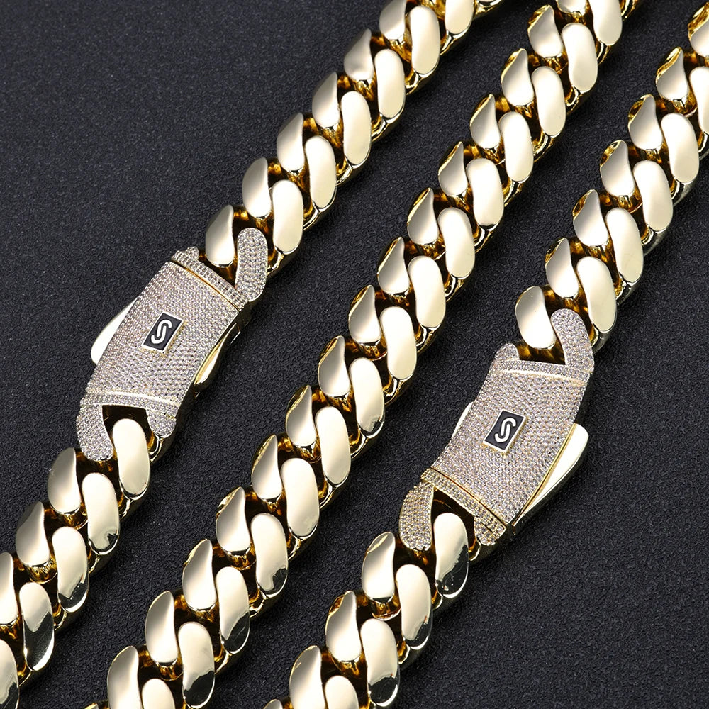 NUOYA 14K/18K Gold Plated Thick Solid Cuban Link Chain Hip Hop Jewelry Iced Diamond Clasp Flat Miami Cuban Link for Men Women