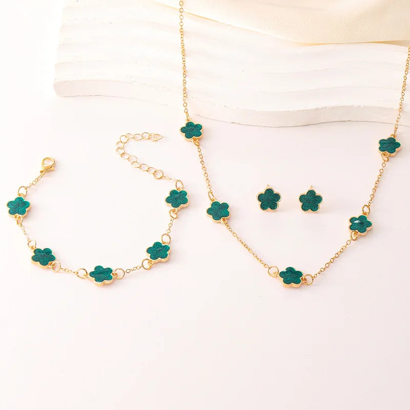 3 Pieces Set Lucky Five Leaf Flower Bracelets Women Enamel Clover Charm Gold Plated Bracelet Necklace Ring Earring Jewelry Set