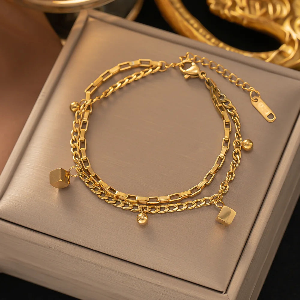Stainless Steel Bracelets Hippie Gothic Pearl Chain Pendants Fashion Bracelet for Women Jewelry