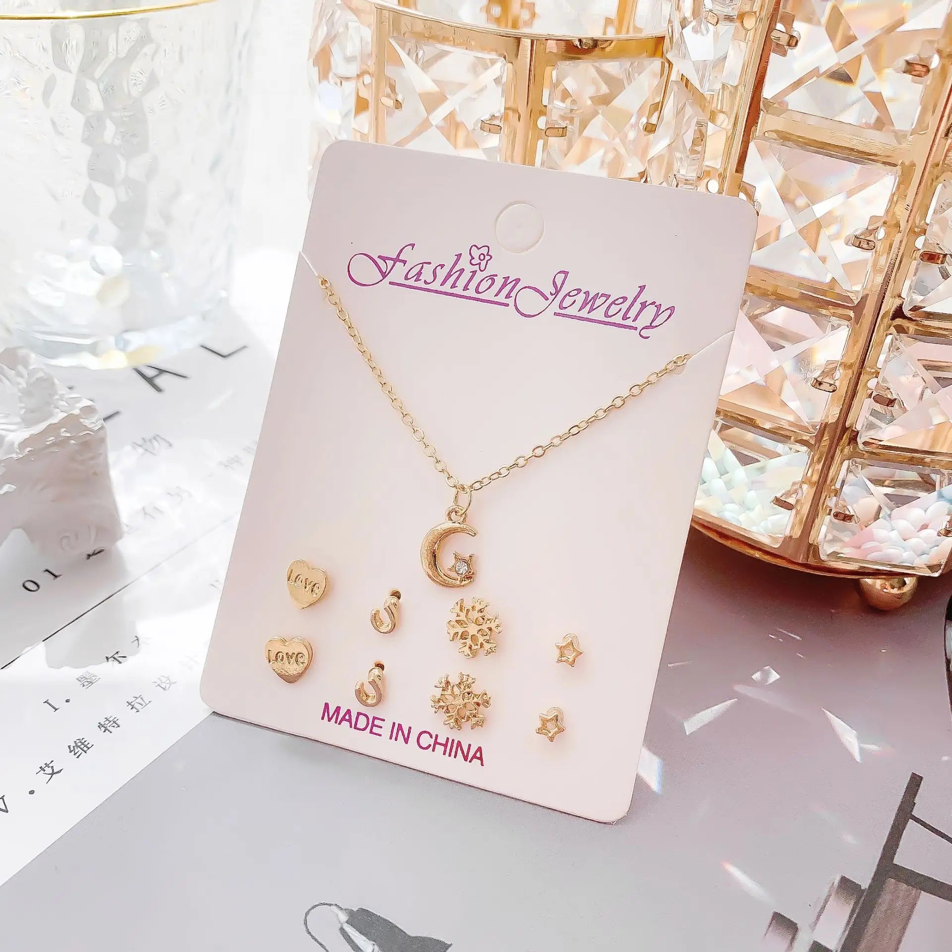 Silver Crystal Rhinestone Christmas Fashion Snowflake Flower Necklace Earrings 5 Piece Set Paper Card Jewelry Set