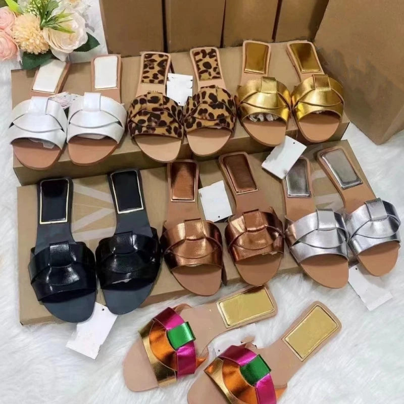 2025 High Quality Ladies Slides Slippers Female Outdoor Leather Flat Sandals Summer Classic Women Babouches
