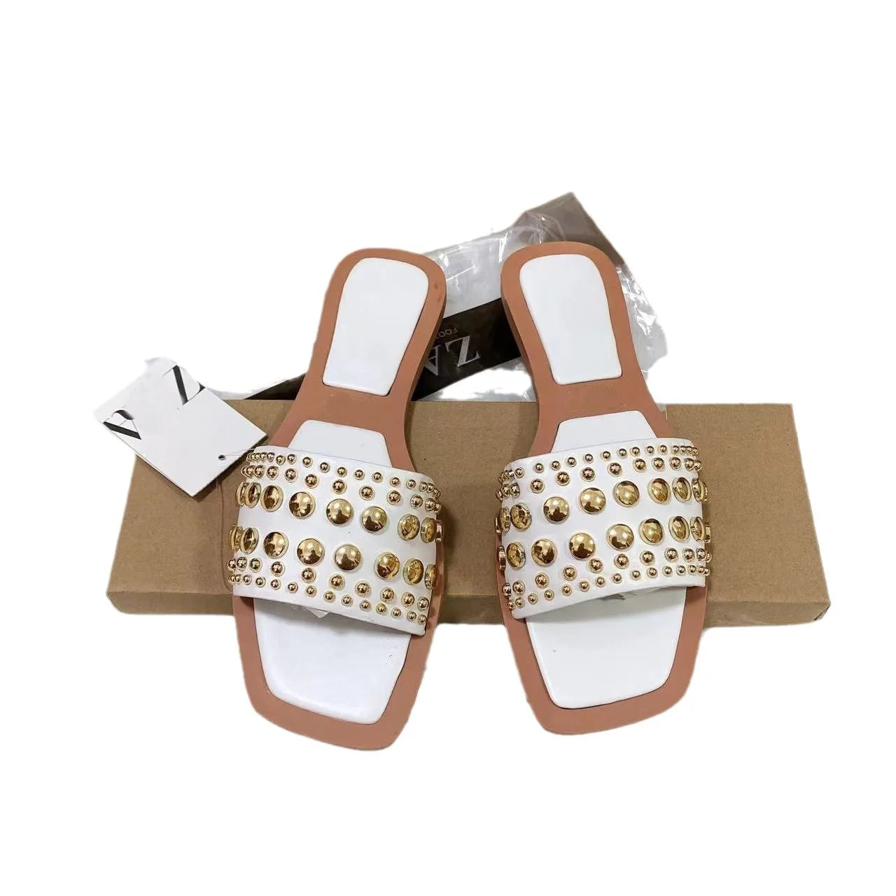 Temu Women's   Shoes Hot European American Style Metal Stud Decorative Flat for Slippers Fashion Trend Daily Outfit