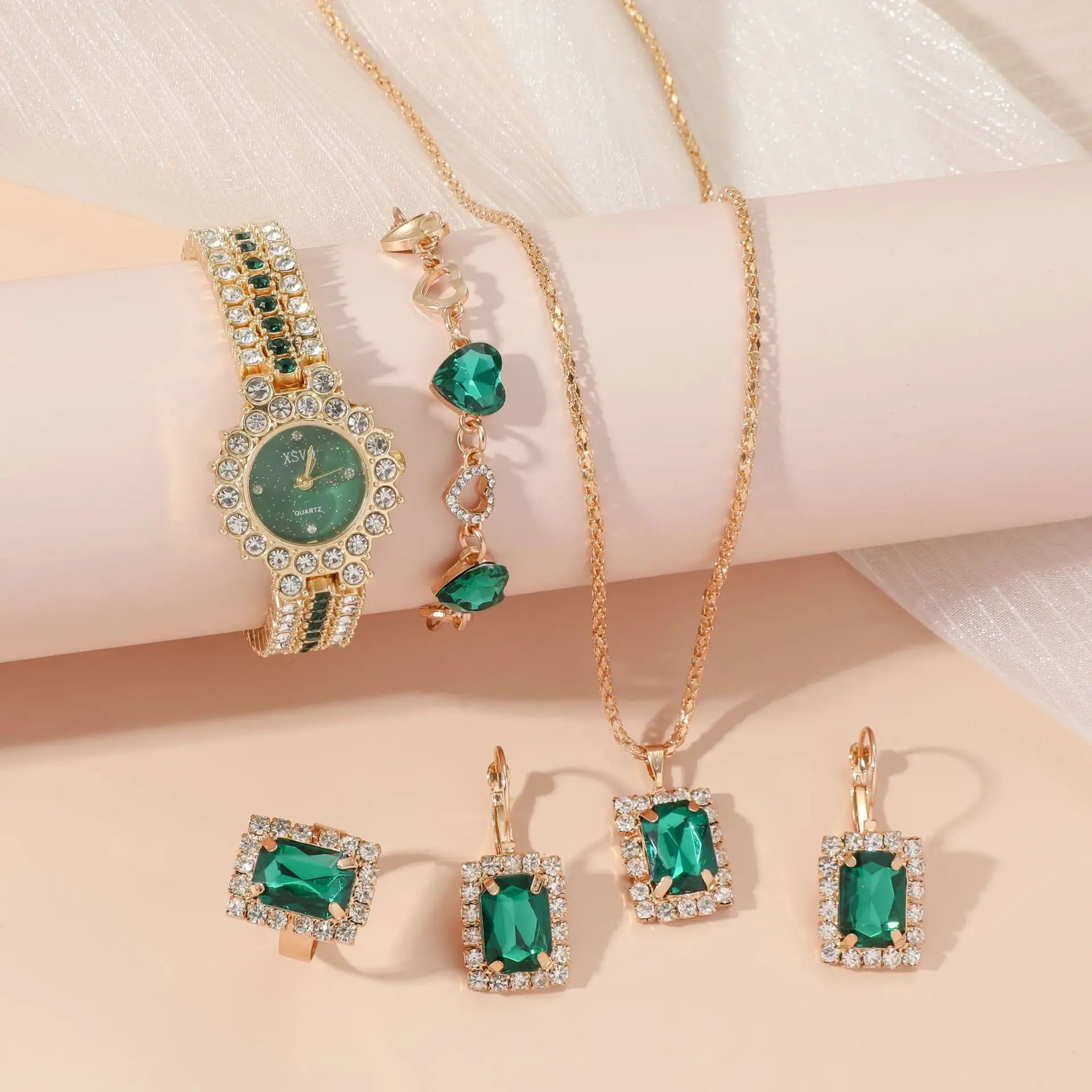 Luxury 5 Pcs/Set Green Crystal Heart Earrings Bracelet Necklace Casual Wristwatch Ladies Quartz Watch Jewelry Set for Gift