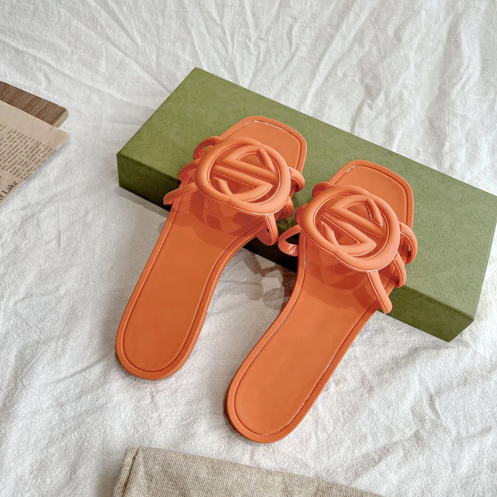 One Word Interlocking Slippers Candy Color Summer Flat Bottom Versatile Waterproof Sandals Casual Beach Jelly Shoes for Women