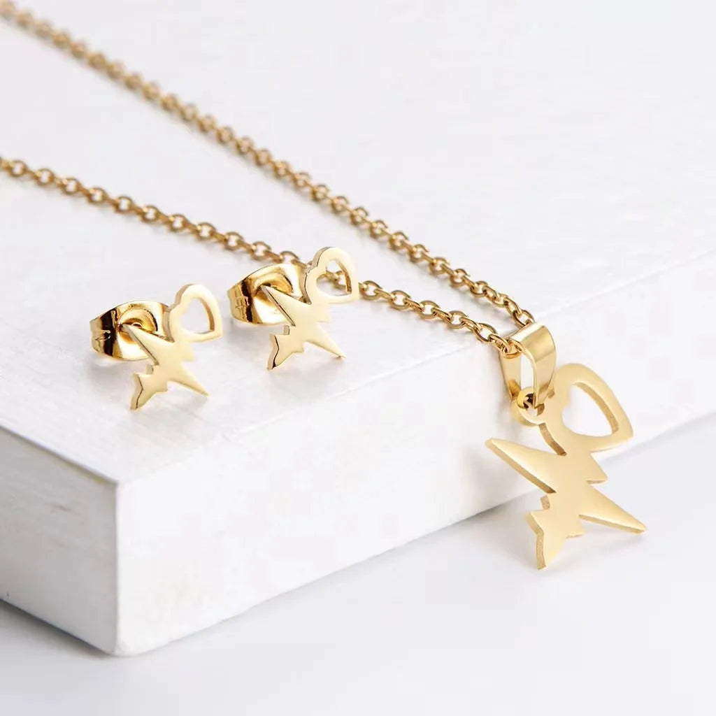 18K Gold Plated Stainless Steel Clavicle Chain Necklace Earring Set for Women Rose Flower Family Necklace Pendant Set Jewelry
