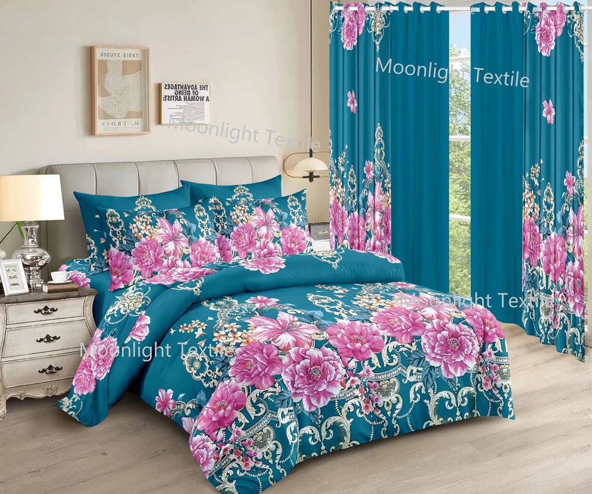 American Styles 10 Piece Set Pink Big Flowers Bedroom Flat Sheet with Curtain Bedding Set