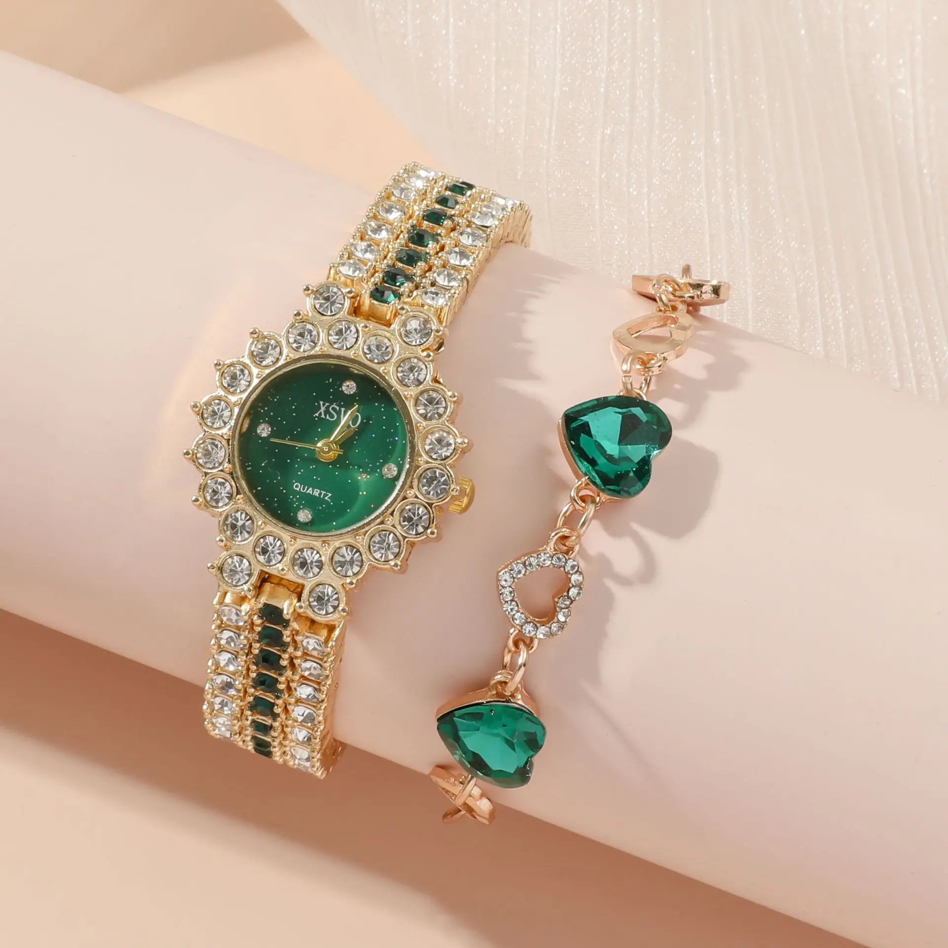 Luxury 5 Pcs/Set Green Crystal Heart Earrings Bracelet Necklace Casual Wristwatch Ladies Quartz Watch Jewelry Set for Gift