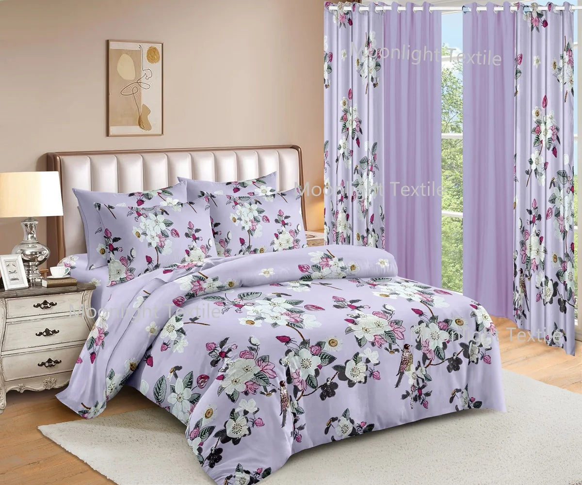 American Styles 10 Piece Set Pink Big Flowers Bedroom Flat Sheet with Curtain Bedding Set