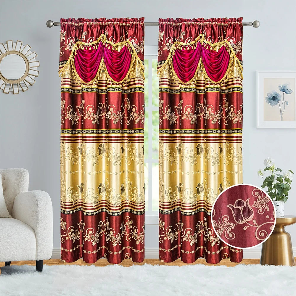 Home Decor Luxury New Design Jacquard Ready Made Window Curtain Panel Set Attached Waterfall Valance for Bedroom Window Blackout