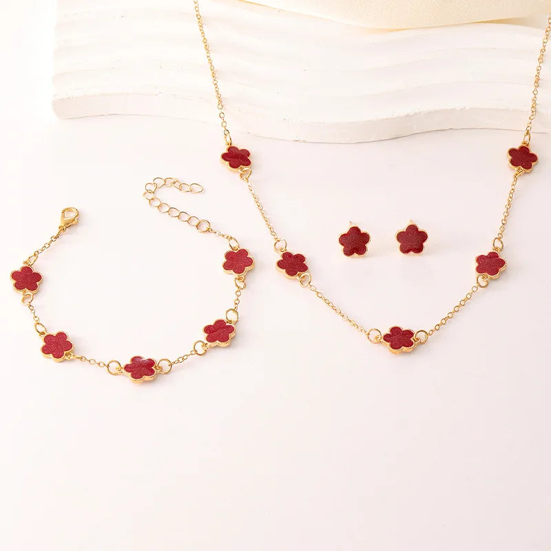 3 Pieces Set Lucky Five Leaf Flower Bracelets Women Enamel Clover Charm Gold Plated Bracelet Necklace Ring Earring Jewelry Set