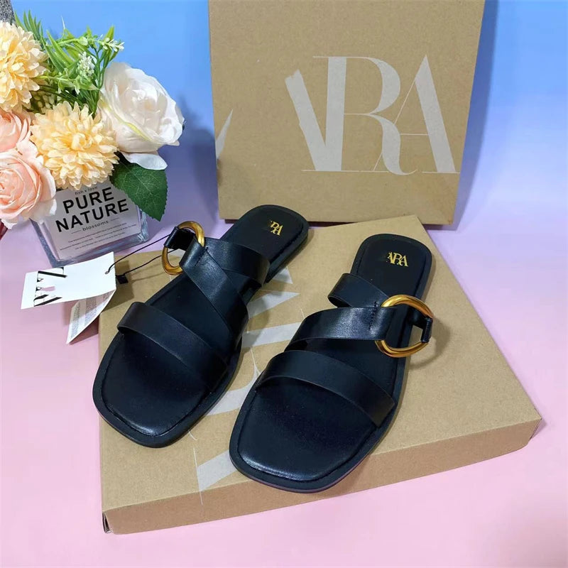 2025 Fashionable Female Leather Flat Sandals Summer Beach Slippers Ladies Slides Slippers Outdoor Women Babouches