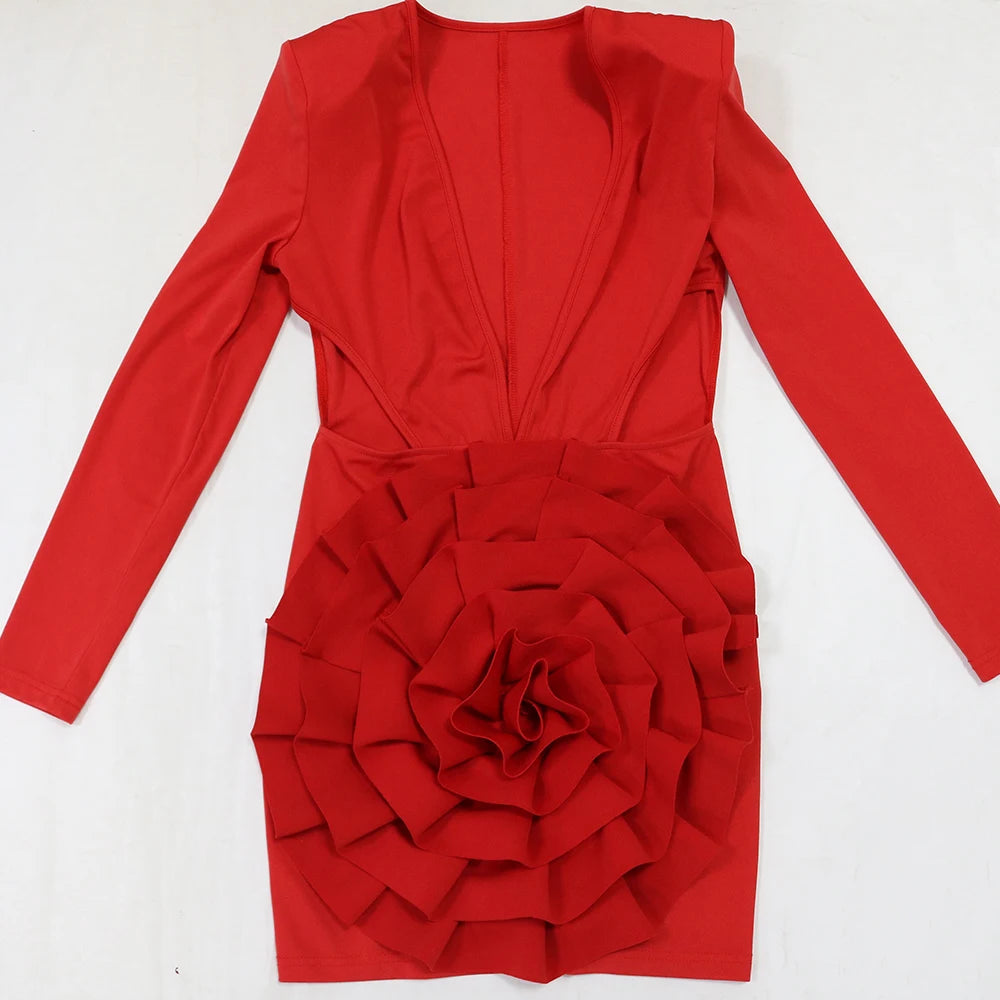 In Stock CY901591 Deep V-neck Blossom Mini Dress Hollow Out Long Sleeve Short Dress for Party Club Woman Dress 2025