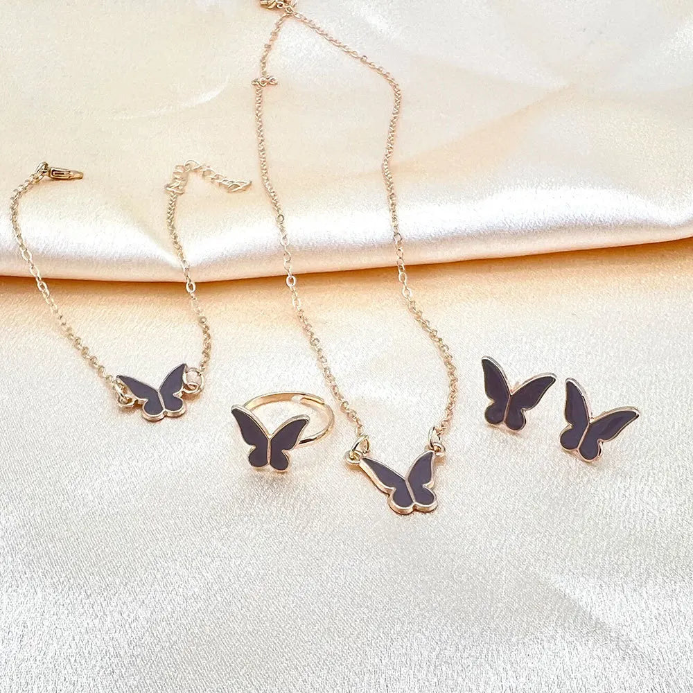 4 Pieces Lucky Butterfly Bracelets Women White Pink Enamel Charm Gold Plated Bracelet Choker Necklace Ring Earring Jewelry Set