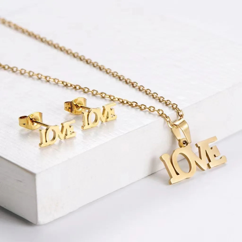 18K Gold Plated Stainless Steel Clavicle Chain Necklace Earring Set for Women Rose Flower Family Necklace Pendant Set Jewelry