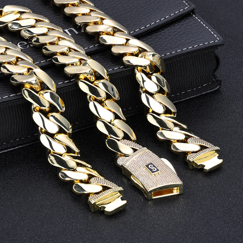 NUOYA 14K/18K Gold Plated Thick Solid Cuban Link Chain Hip Hop Jewelry Iced Diamond Clasp Flat Miami Cuban Link for Men Women