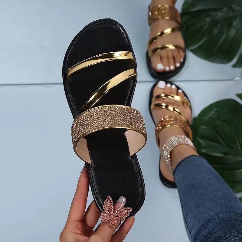 Women's Sandals New Bling Rhinestones Flat Ladies Flats Slides Shoes Summer