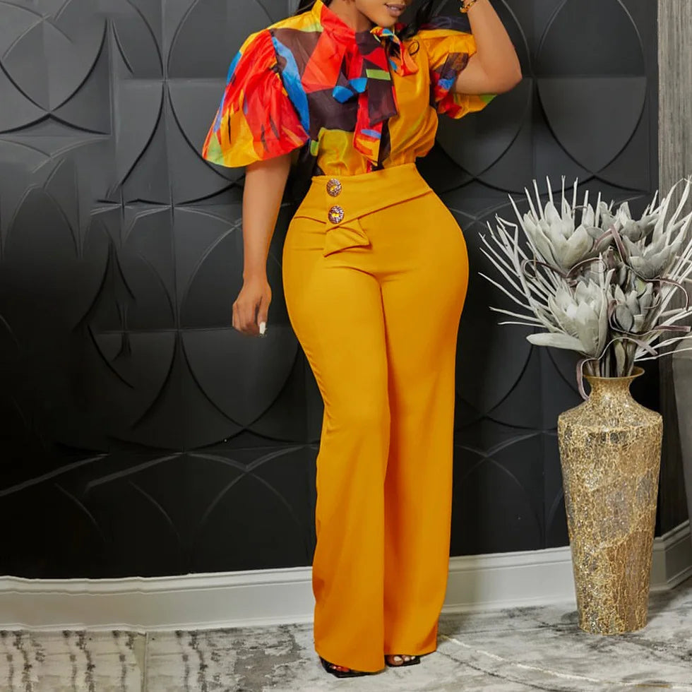 C240066 Fashion Design Floral Print Blouse Wide Leg Pants Outfits Formal Two Piece Sets Women