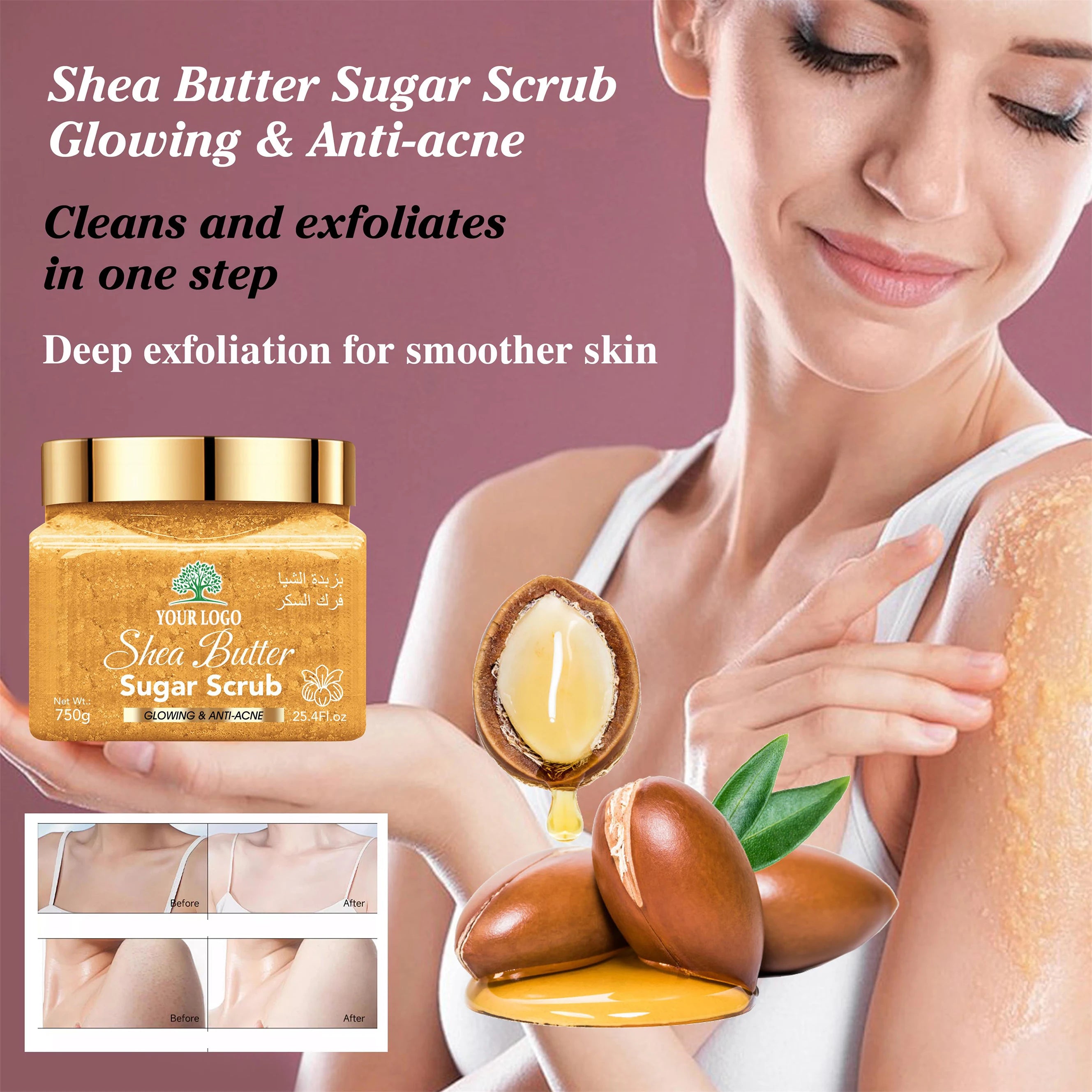 ROUSHUN Sugar Scrub with Vitamin C Lemon Coconut for Skin Cleansing Smoothing