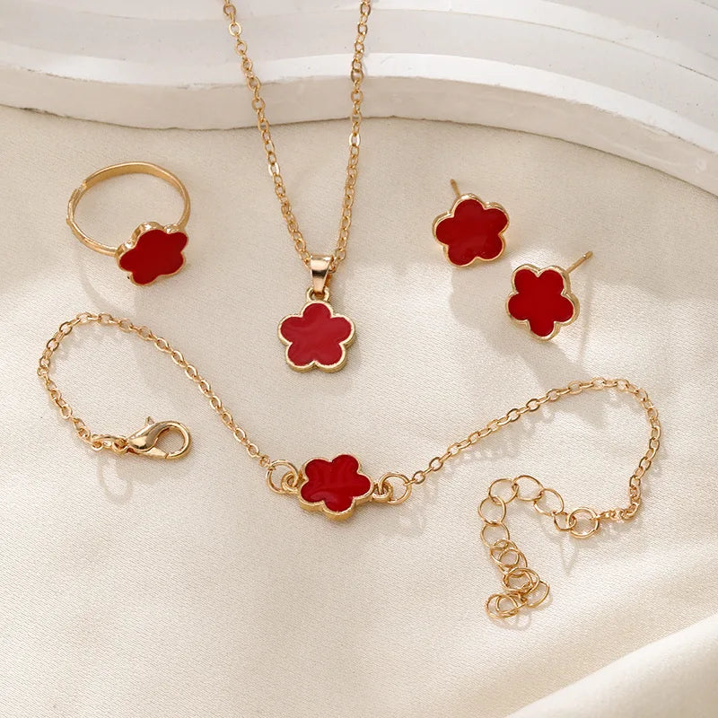 4 Pieces Set Lucky Five Leaf Flower Bracelets Women Enamel Clover Charm Gold Plated Bracelet Necklace Ring Earring Jewelry Set