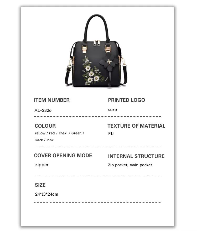 2025 Luxury Ladies Tote Bags Big Fashion PU Leather Blue Embroidery Designs Zipper Closure Polyester Cute Hand Bags for Women