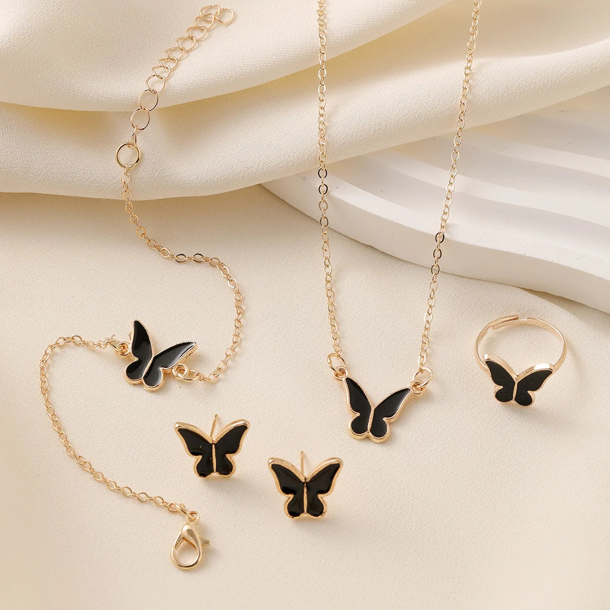 4 Pieces Lucky Butterfly Bracelets Women White Pink Enamel Charm Gold Plated Bracelet Choker Necklace Ring Earring Jewelry Set