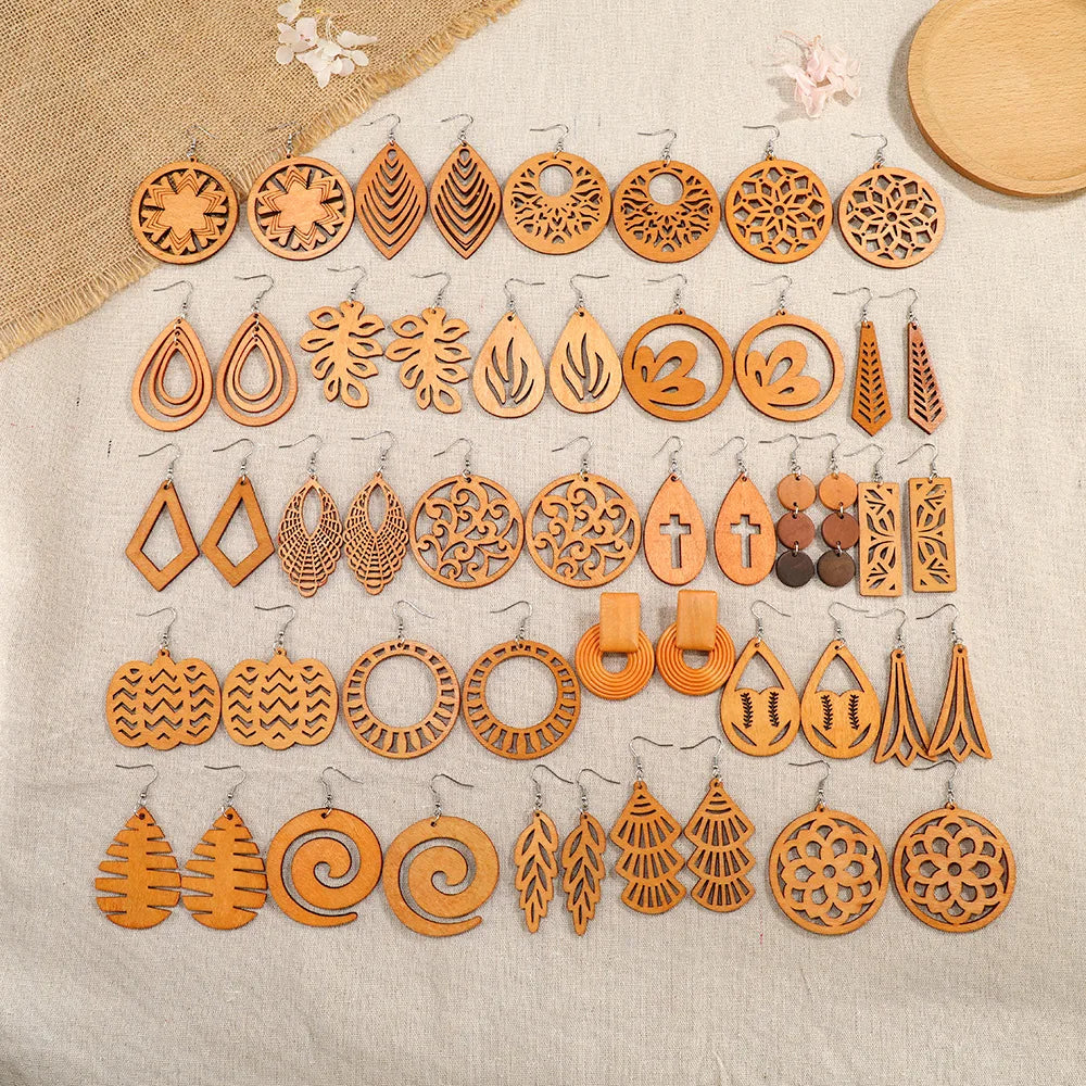 Fashion Jewelry Hollow African Wood Earrings Women Coffee Wooden Earrings Geometric Jewelry Bulk