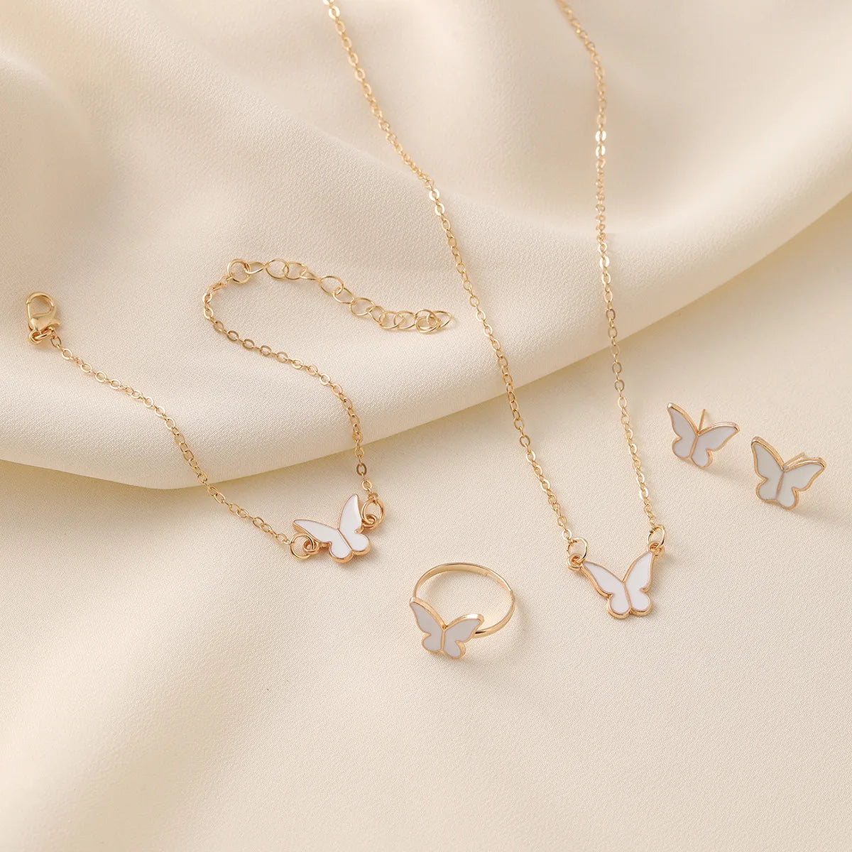 4 Pieces Lucky Butterfly Bracelets Women White Pink Enamel Charm Gold Plated Bracelet Choker Necklace Ring Earring Jewelry Set