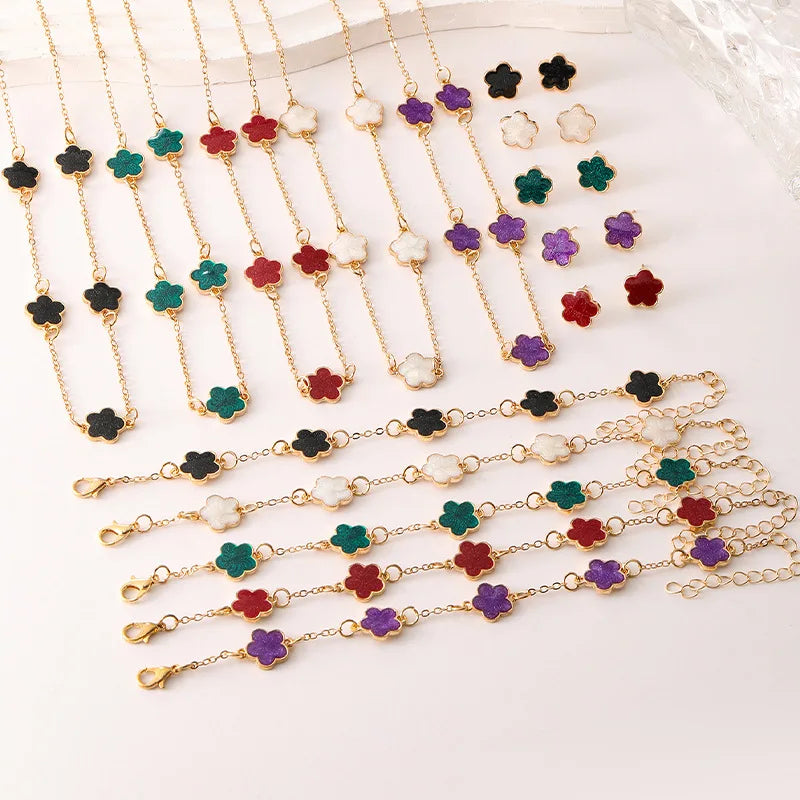 3 Pieces Set Lucky Five Leaf Flower Bracelets Women Enamel Clover Charm Gold Plated Bracelet Necklace Ring Earring Jewelry Set