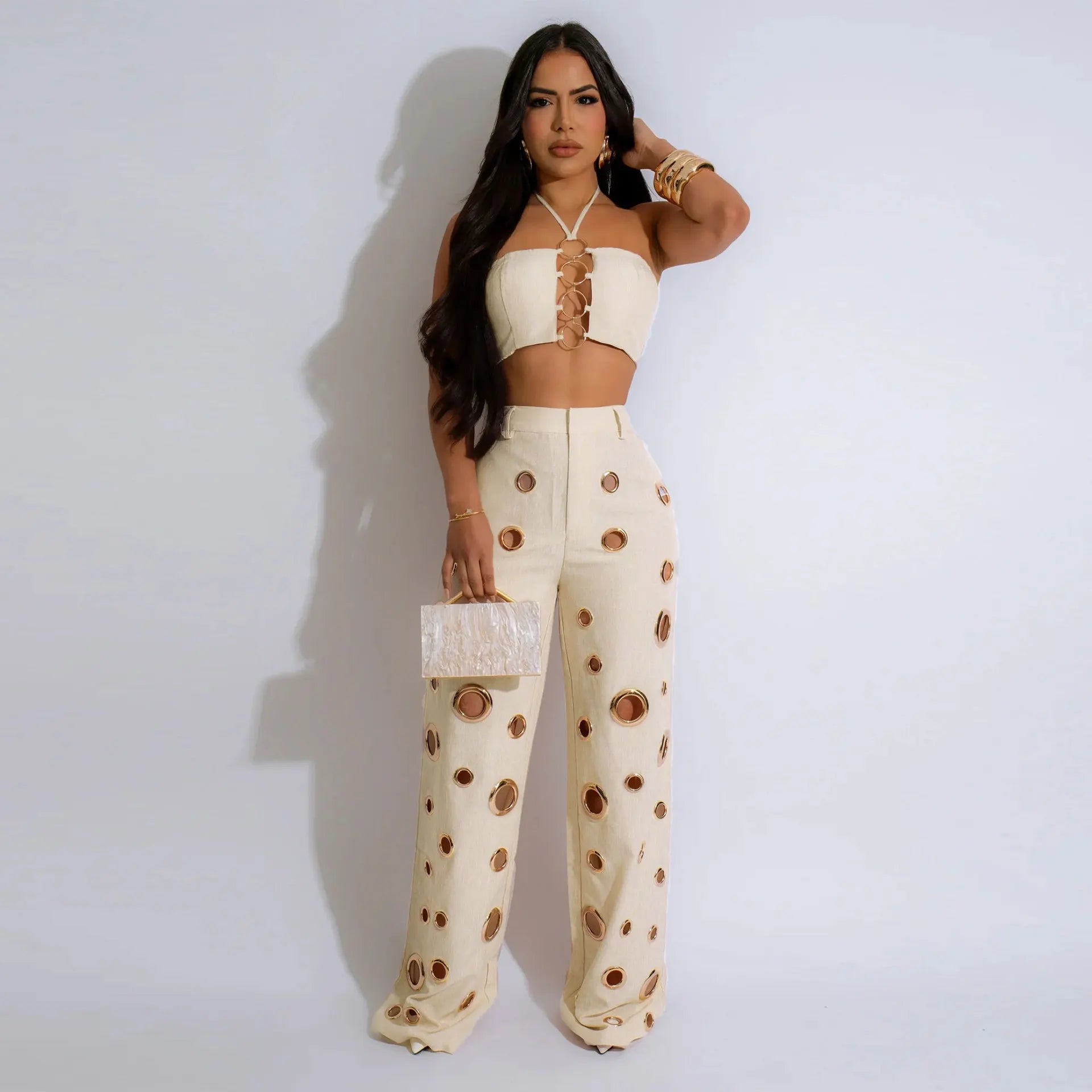 C7436 Fashion Sexy Street Wear Halter Sleeveless Hollow Tank Top Unique Ring Pant 2 Piece Set 2025 Woman Clothing