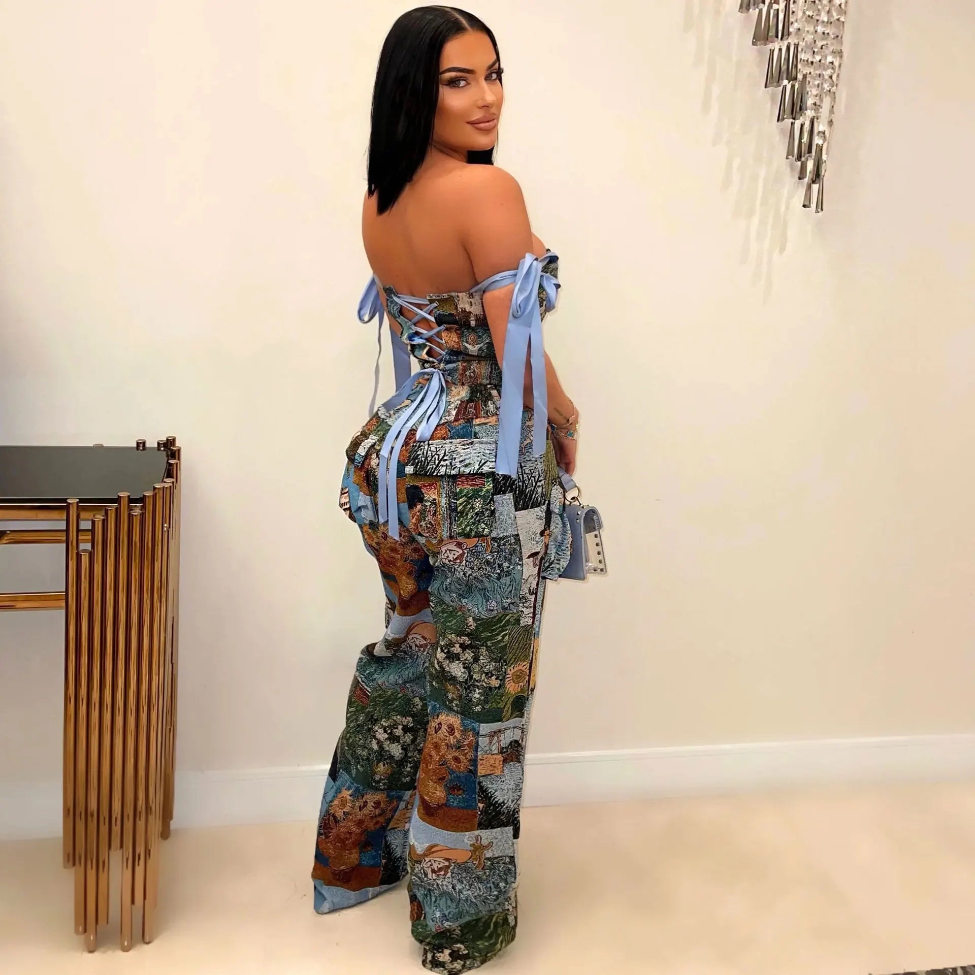 CW3296 Woman Two Piece Set Tube Top Corset and Print Wide Leg Pants Printing Pant Set for Daily