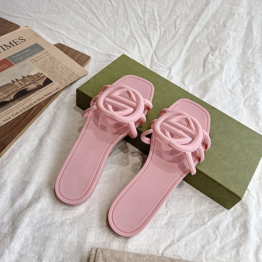 One Word Interlocking Slippers Candy Color Summer Flat Bottom Versatile Waterproof Sandals Casual Beach Jelly Shoes for Women