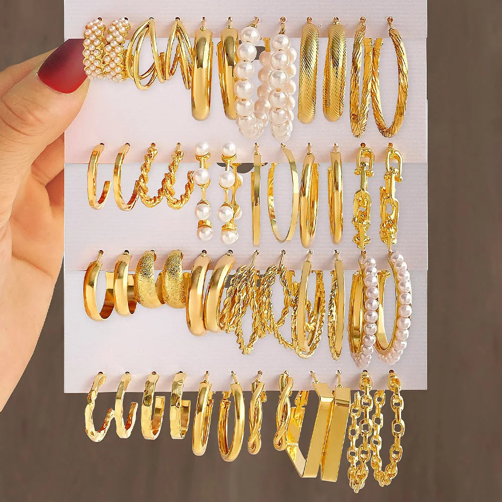 Fashion Exaggerated Gold Color Metal Pearl Earrings for Women Geometric Twisted Vintage Hoop Earrings Jewelry Gifts