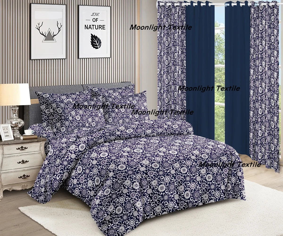 American Styles 10 Piece Set Pink Big Flowers Bedroom Flat Sheet with Curtain Bedding Set