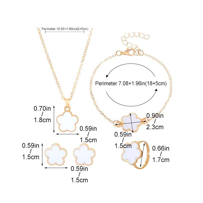 4 Pieces Set Lucky Five Leaf Flower Bracelets Women Enamel Clover Charm Gold Plated Bracelet Necklace Ring Earring Jewelry Set