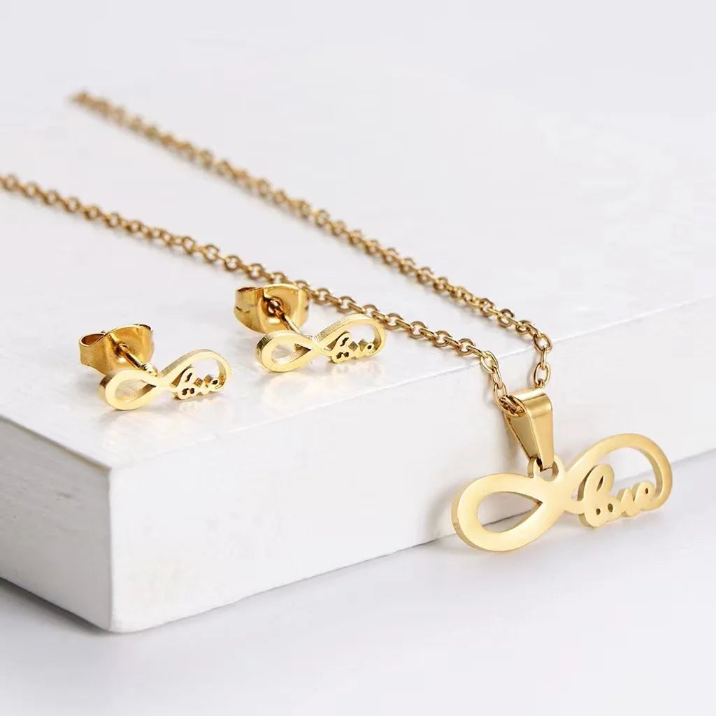 18K Gold Plated Stainless Steel Clavicle Chain Necklace Earring Set for Women Rose Flower Family Necklace Pendant Set Jewelry