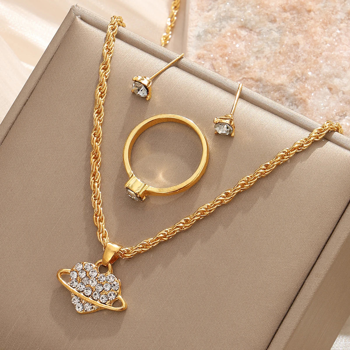 KISSWIFE Fashion Gold Necklace Earrings Ring Sets White Heart Fritillaria Pendant Gift Jewelry Sets for Women