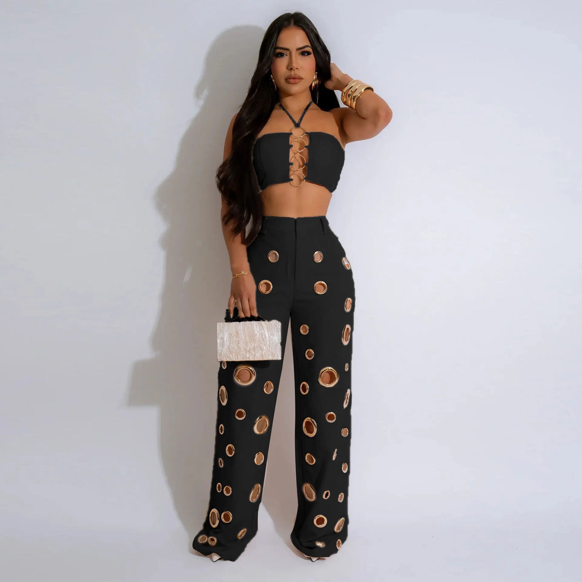 C7436 Fashion Sexy Street Wear Halter Sleeveless Hollow Tank Top Unique Ring Pant 2 Piece Set 2025 Woman Clothing