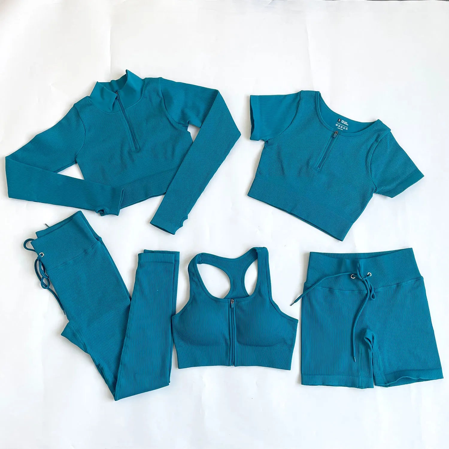 Wholesale Custom 5Pcs Sports Fitness Activewear Gym Woman Seamless Ribbed Workout Clothing Yoga Active Wear Set