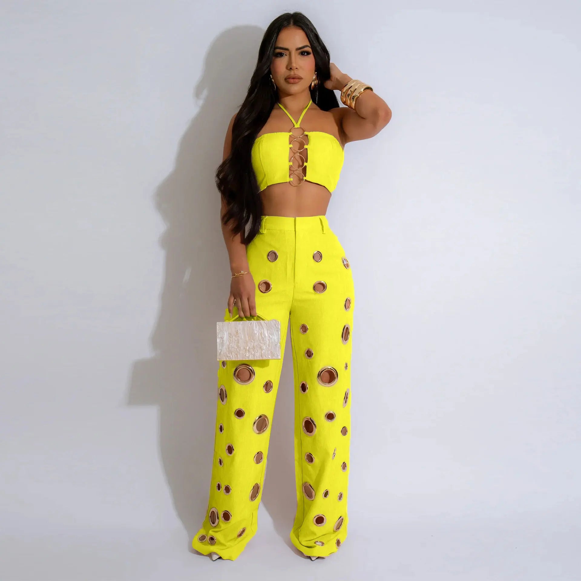 C7436 Fashion Sexy Street Wear Halter Sleeveless Hollow Tank Top Unique Ring Pant 2 Piece Set 2025 Woman Clothing