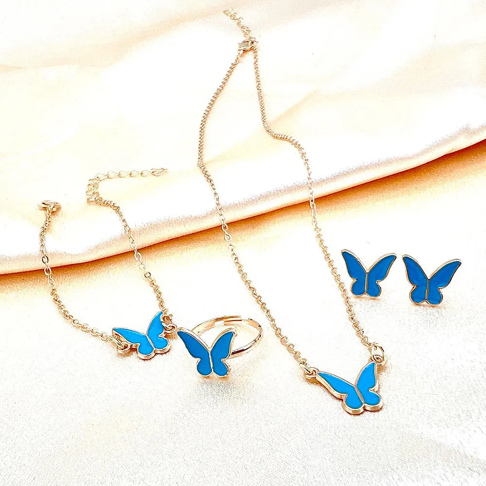 4 Pieces Lucky Butterfly Bracelets Women White Pink Enamel Charm Gold Plated Bracelet Choker Necklace Ring Earring Jewelry Set