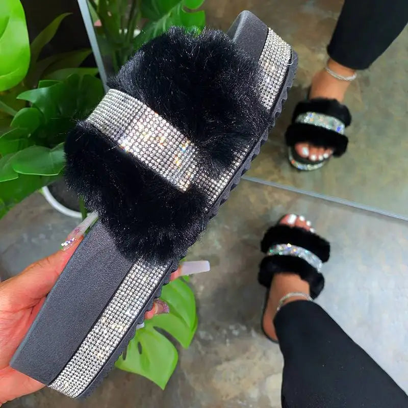2025 New Arrival Ladies Custom Winter Fur for Slippers PVC Thick-Soled with Cushioning Embroidered Logo Rhinestone Furry Fashion