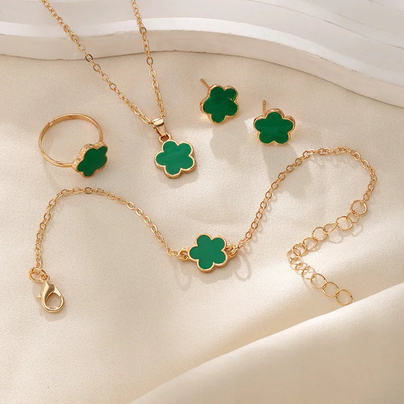 4 Pieces Set Lucky Five Leaf Flower Bracelets Women Enamel Clover Charm Gold Plated Bracelet Necklace Ring Earring Jewelry Set