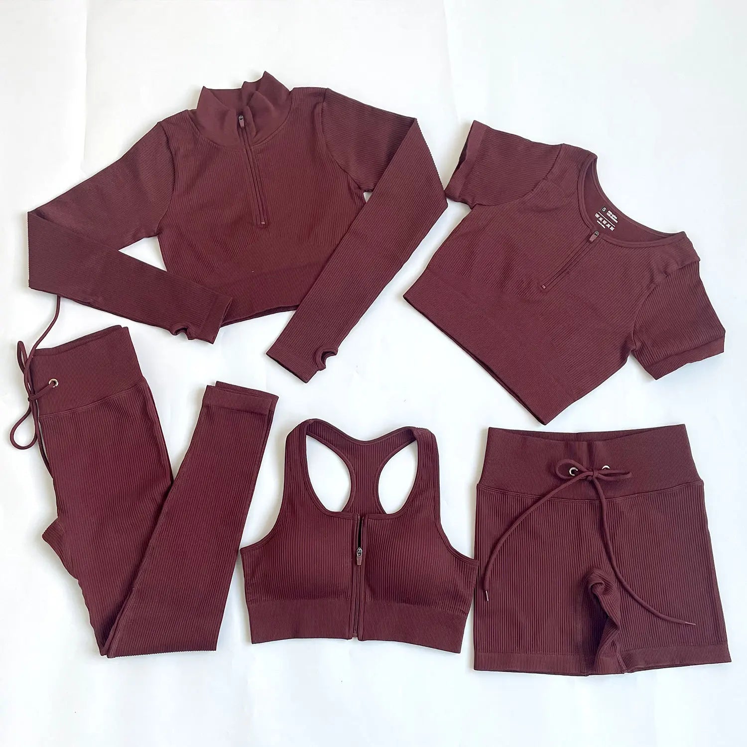 Wholesale Custom 5Pcs Sports Fitness Activewear Gym Woman Seamless Ribbed Workout Clothing Yoga Active Wear Set
