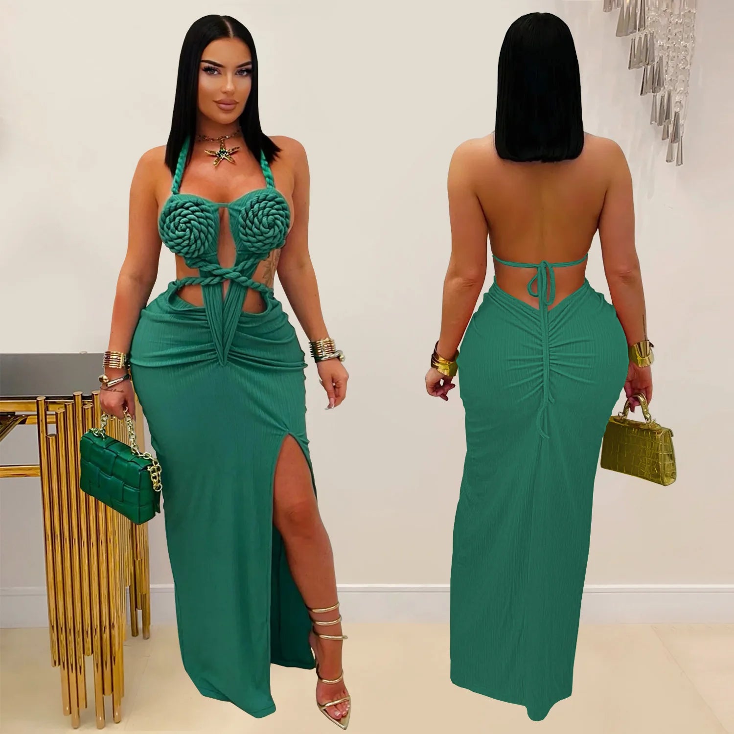 Hot Sale CX7407 Ruched Maxi Dress Woman Backless Pleated Bodycon Summer Vacation Party Birthday Dressing 2025 New