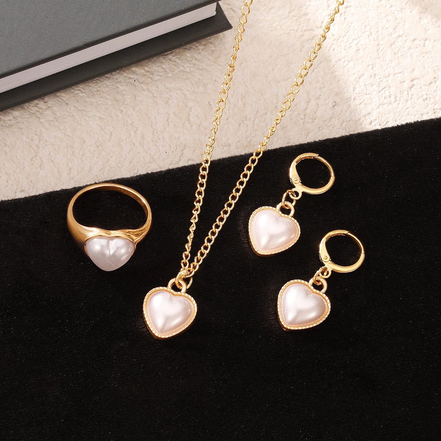 KISSWIFE Fashion Gold Necklace Earrings Ring Sets White Heart Fritillaria Pendant Gift Jewelry Sets for Women