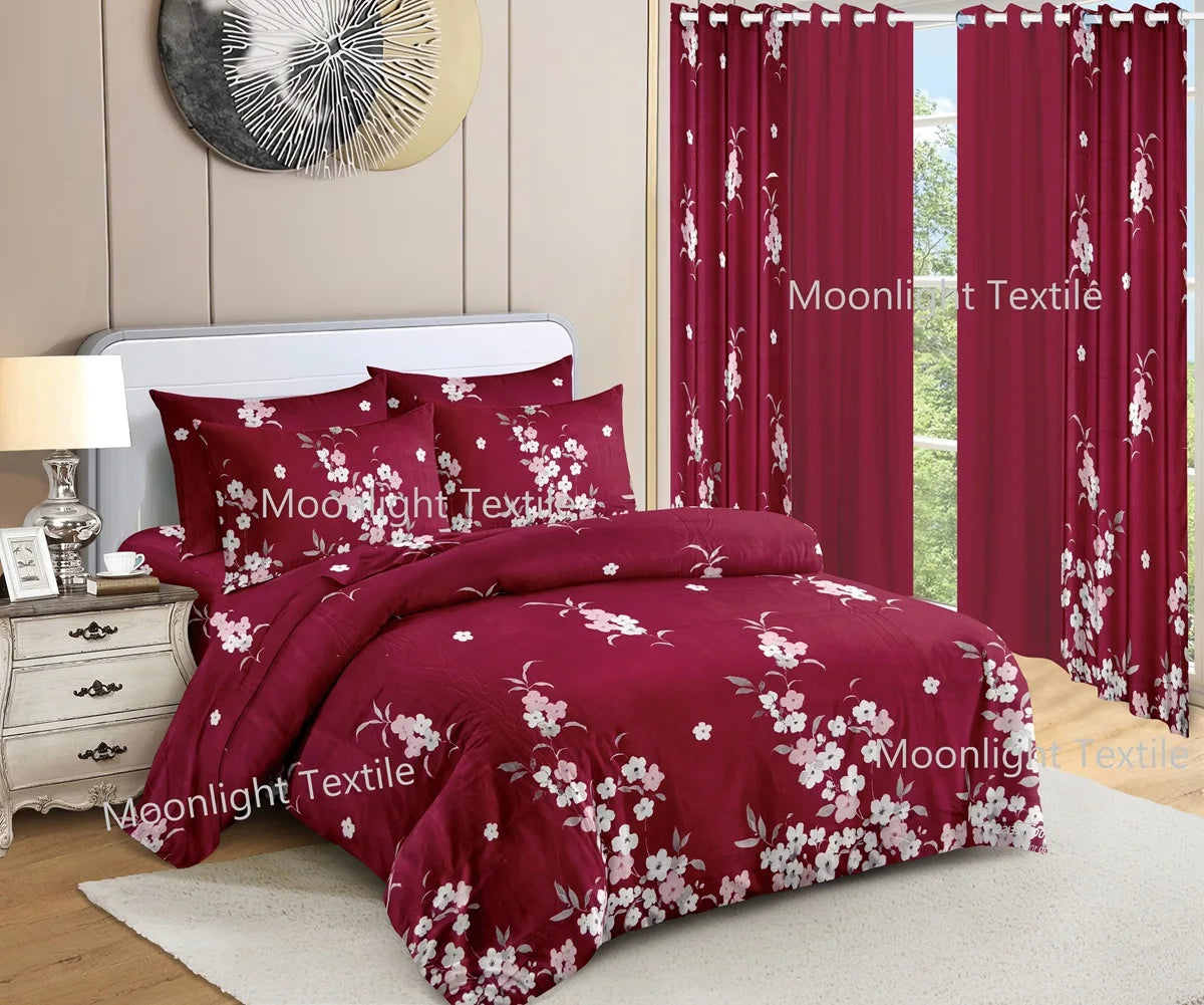 American Styles 10 Piece Set Pink Big Flowers Bedroom Flat Sheet with Curtain Bedding Set